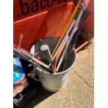 Vintage galvanised dustbin and assorted garden tools