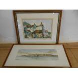 Alexandre Bonade 1991 watercolour of Saint malo46x21 cm and Len Hubbard '93 of a cottage