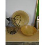 2 wooden display bowls and metal wire jug