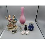 mixed lot of a figurine of a dancing couple, black bird pie funnel, jasperware style vase, 2