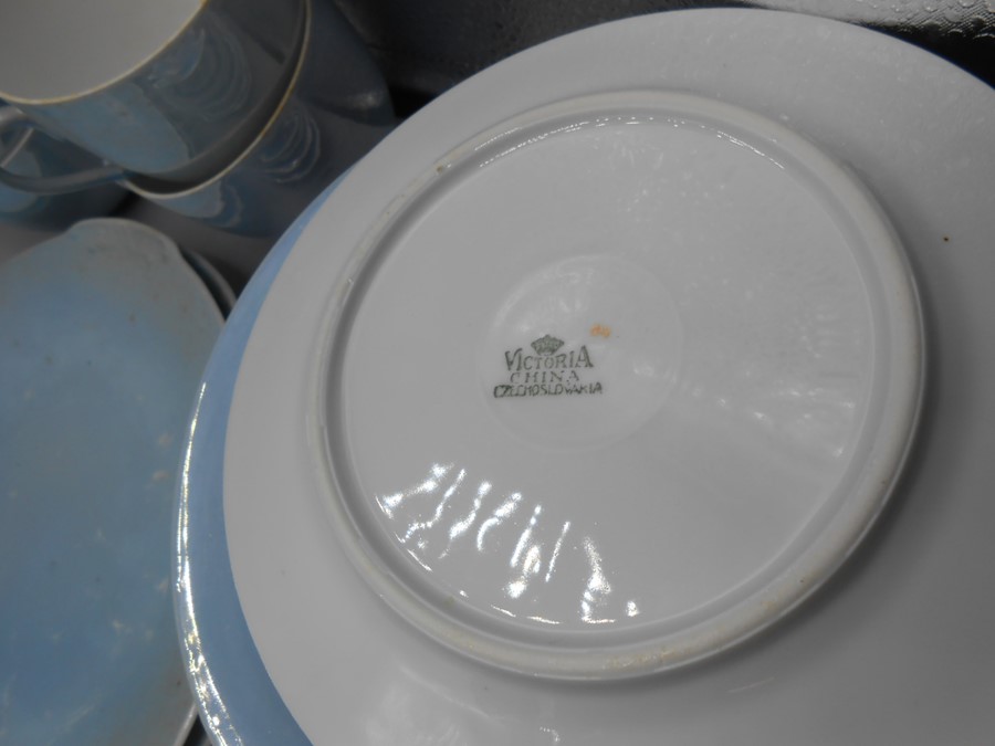 Victoria China Czechoslovakia part tea set. 2 serving plates 10 cake plates , 2 milk jugs , sugar - Image 4 of 4