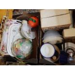 4 boxes of kitchen ware to include serving trays, flats, salad spinner, various bowls, scales etc