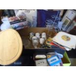 Box of assorted items to include rucksack, dvd's, tapes, cd's, china, cushions