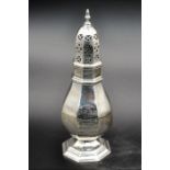 Edwardian English sterling silver sugar sifter, Sheffield 1926 (gothic A), octagonal baluster form