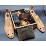 Vintage shoe cleaning kit with 2 wood lasts