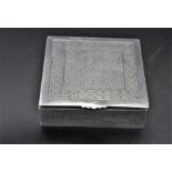 Silver cigarette box of square form with hinged lid engine turned decoration over 200 grams 10 x