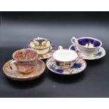 Lacquered oriental design tray with 3 cabinet cups and saucers plus on other