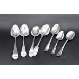 Seven sterling silver spoons - five English spoons (London) makers Richard Crossley (RC) 1802 (G),