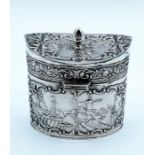 CHINESE SILVER OVAL BOX BY LUENWO OF SHANGHAI, WITH HINGED LID AND DUTCH SCENES, approx 8cm tall