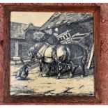 An oak framed ceramic tile depicting farmyard scene of chickens and horses