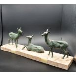 3 bronze sculptures of fallow deer on a marble base, 56cm long x 20cm tall
