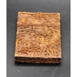 Indian/Chinese? cedarwood card case, intricately carved with holy men and pagoda style houses and