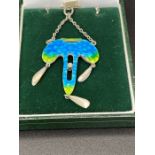 Sterling silver and enamel pendant and chain, pendant of lobed form with blue and green enamel,