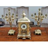 French gilt bronze mantel clock porcelain dial, with a pair of matching gilt six branch candelabra