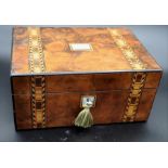 Victorian walnut and Tunbridge Inlaid jewellery box, with key and inner tray, walnut veneer with