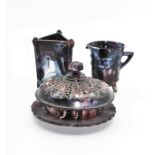 Assorted Victorian purple malachite pressed slag glass items to incl vase 10cm, jug 9cm and lidded