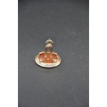 English 14ct gold-mounted intaglio fob seal, unmarked, ovate bezel supported by ornate 4-armed
