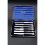 Cased set of 6 English sterling silver butter knives (steel blades), Sheffield 1904 and 1908 (date