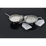 Two English sterling silver salts in the form of scallop shells with ball feet, Birmingham 1897 (x),