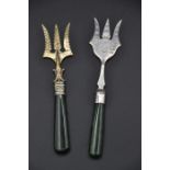 Two New Zealand gilt sterling silver serving forks, Christchurch c1910, hands fashioned from green