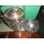 Silver plate glass ice bucket and silver plate sugar bowl