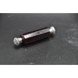 English sterling silver mounted double ended perfume bottle, unmarked c.1900, ruby red glass, intact