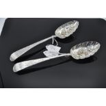 Pair of English sterling silver berry spoons, London 1784 (i), maker Hester Bateman (HB), embossed