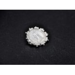 English sterling silver sixpence coin brooch, c1887, set with a jubilee head silver sixpence of