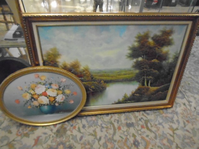 M Gates oil on canvas framed picture of flowers and a framed oil on canvas picture of a rural scene