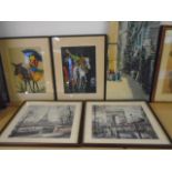 Oil paintings depicting spanish man on horse, street fayre and 2 prints of Paris
