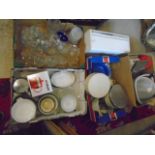half stillage of kitchenware - pots, pans, bread bin, cake tins, glasses etc