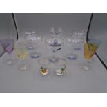 Glassware to include 5 vintage Babycham glasses and green glass dressing table set
