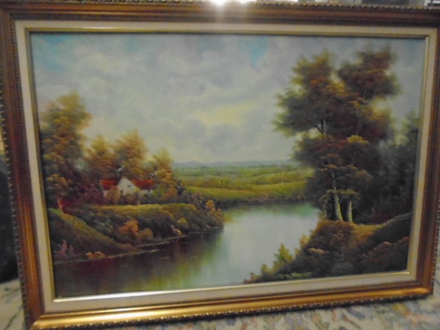 M Gates oil on canvas framed picture of flowers and a framed oil on canvas picture of a rural scene - Image 3 of 3