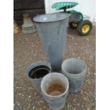 Post spade, galvanised pots, wooden trug and pots