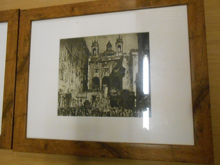 2 Framed Etchings ST Peters of the Exchange Genoa 8 x 7 inches and The Alcatara Bridge Toledo 8 x