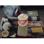 mixed lot of items to include companion sets, serving trays, video player, dolls, pots etc