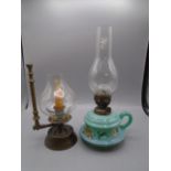 2 hand held oil lamps, brass stem has broken on one, part inside