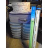 storage drawers, suitcase with xmas decorations, 2 blinds- new in box and 2 rugs, hat box and