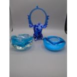 blue glass ashtrays/ dishes and a glass basket