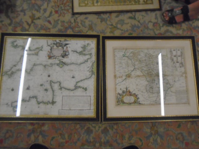 2 Repro maps 1729 framed map of France/England channel and 1729 map of Darbyshire