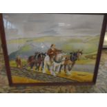 George R. Scott watercolour of a ploughing scene 30x24" in wooden frame