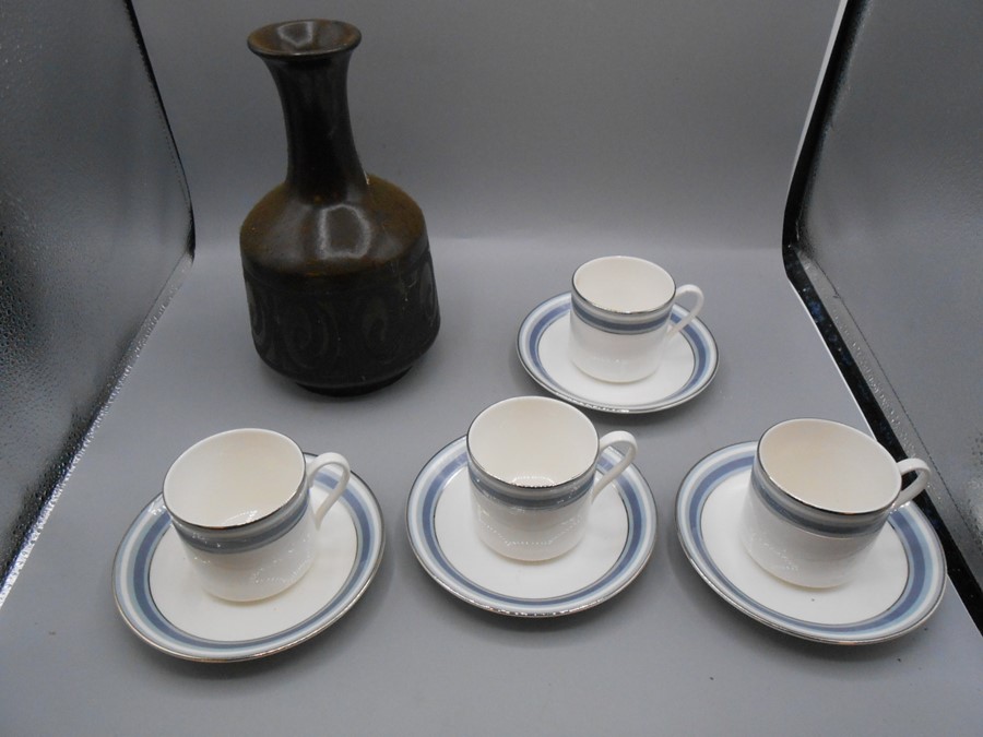 West German Style Vase 9 inches tall and 4 Royal Doulton East Brook Cups and Saucers