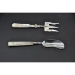 English sterling silver and mother of pearl serving fork and knife, knife is Birmingham 1808 (K),