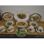 Pheasant decorated plates, cups and saucers including Wedgewood picture plate