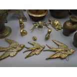 Brass urn, vase 2 smaller vases, Eiffel tower, brass swallows and other animals