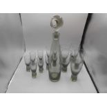 Retro Decanter and Glasses . Decanter 38 cm including stopper ( perfect ) 5 glasses 16 cm ( one