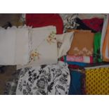 Vintage linens, silk scarves etc, box of, plus a scruffy sheep dog teddy