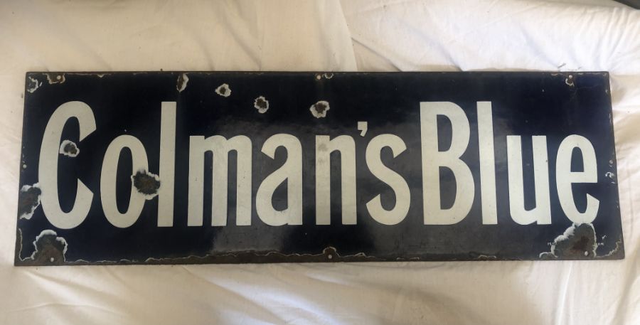 Antique Enamel Colman’s Blue Rectangular Shop Sign 25 x 79 cm