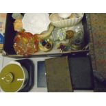 box of miscellaneous items including jelly mould, aynsley and carnival glass