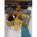 Linens, retro hats, sewing basket and contents, bag of wool etc